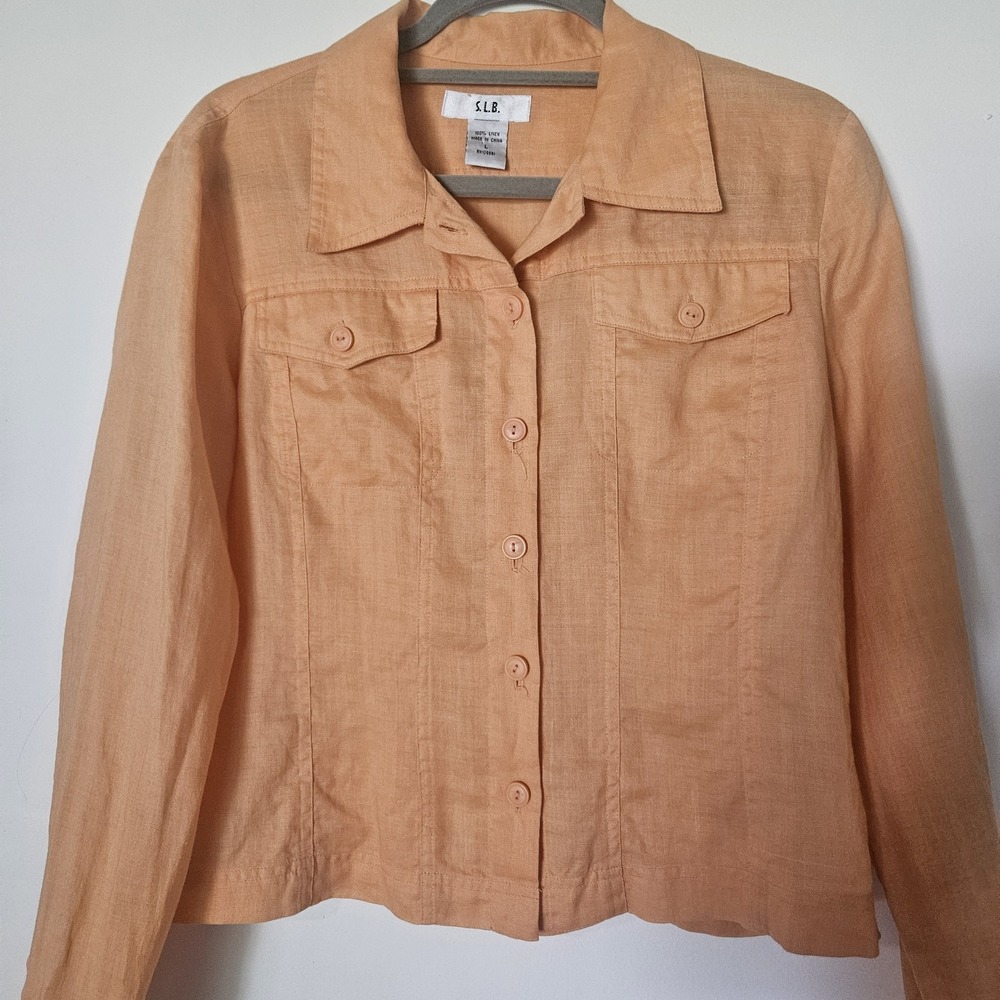 Vintage S.L.B. Womens L 100% Linen Peach Orange Denim Jacket Top Button Pockets